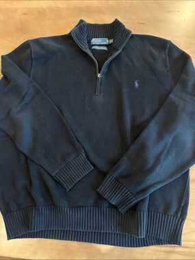 Polo by Ralph Lauren Men's Black Half-Zip Sweater with Purple Pony